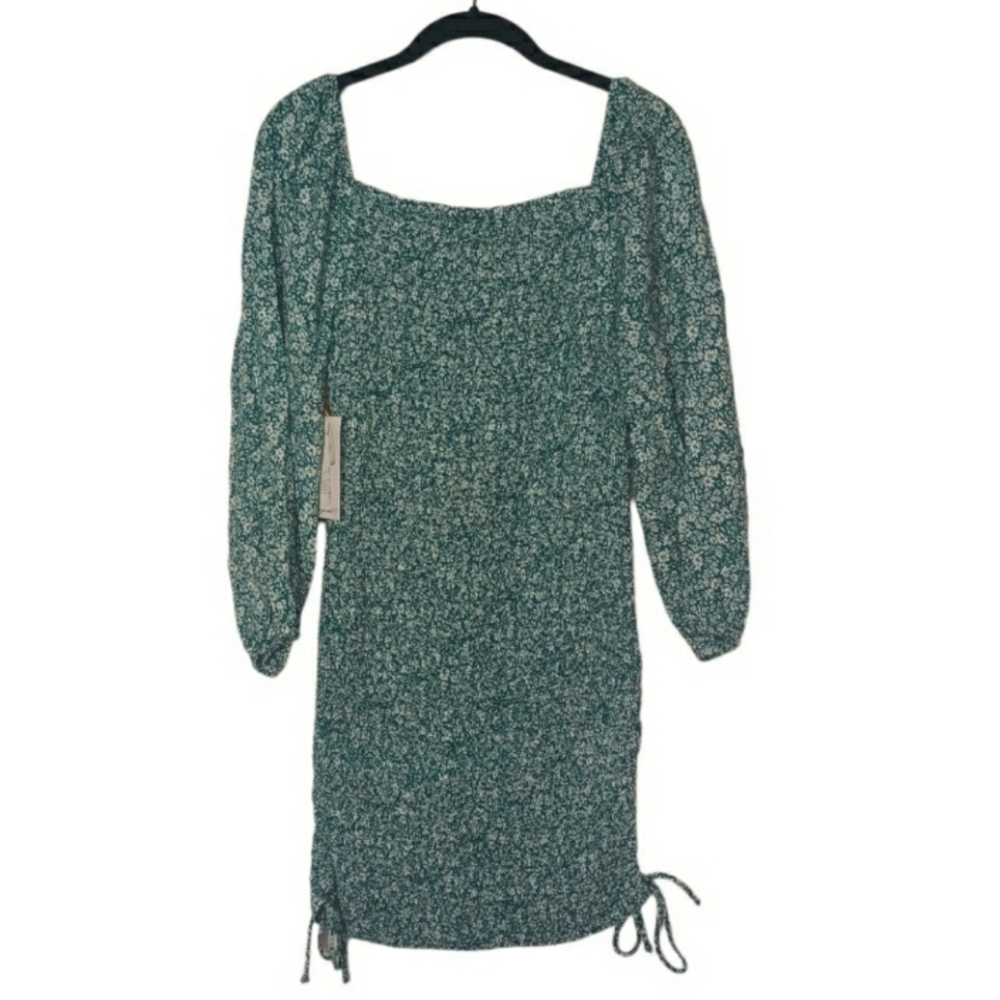 JESSICA SIMPSON Floral Teal Green White Smocked Stretchy Ruching Mini Dress NWT - Picture 4 of 8